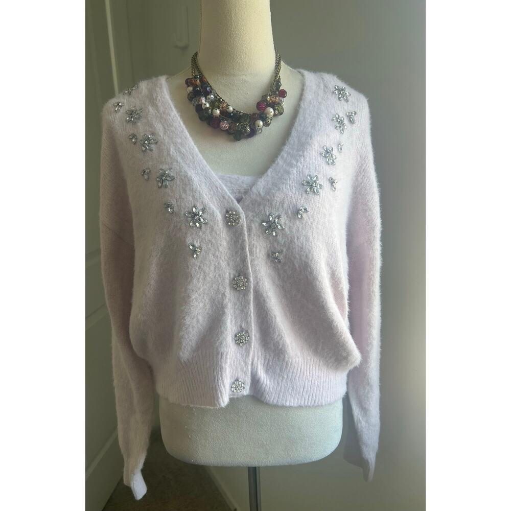 NWT GB Twin Set Pink V-Neck Long Sleeve Crystal Detail Button Down Cardigan/Cami